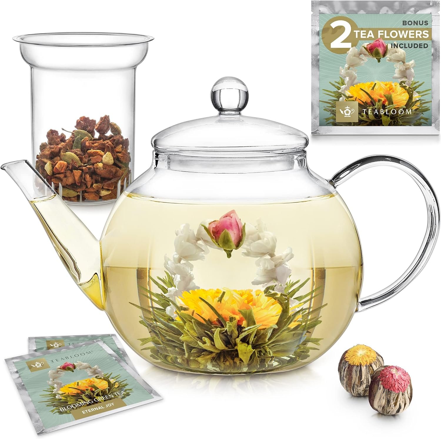 Teabloom Tetera de Cristal Modelo Celevration con Infusor Extraíble – Segura para Hornillo y Microondas - Incluye 2 Flores de Té - Tetera con Infusor de 1,2 litros (1.2 L)
