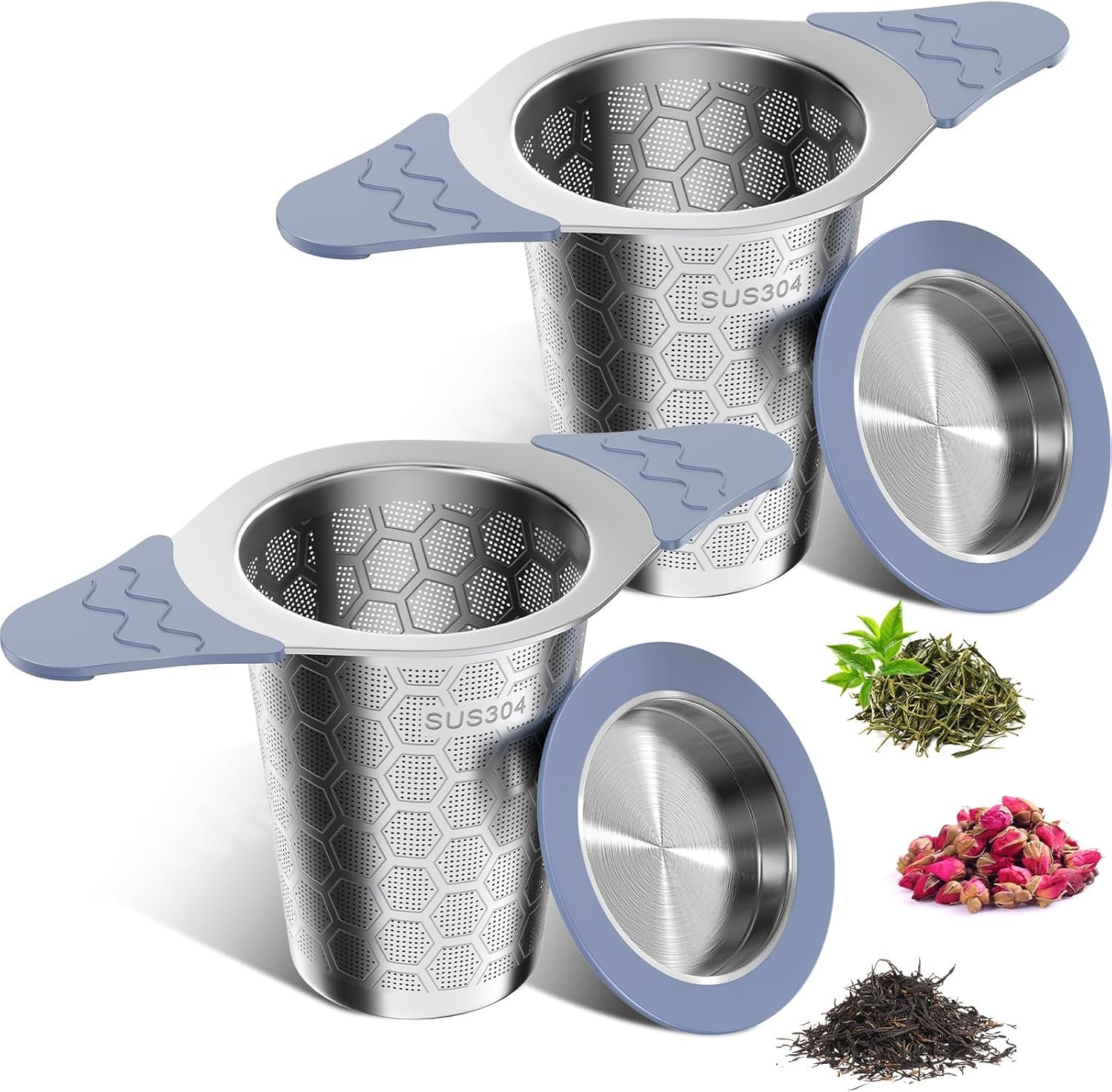 infusor de te 304 Acero Inoxidable 2 Piezas，Coladores de té para té suelto，Con tapa y asa de silicona resistente al calor，Apto para teteras, tazas de té y tazas