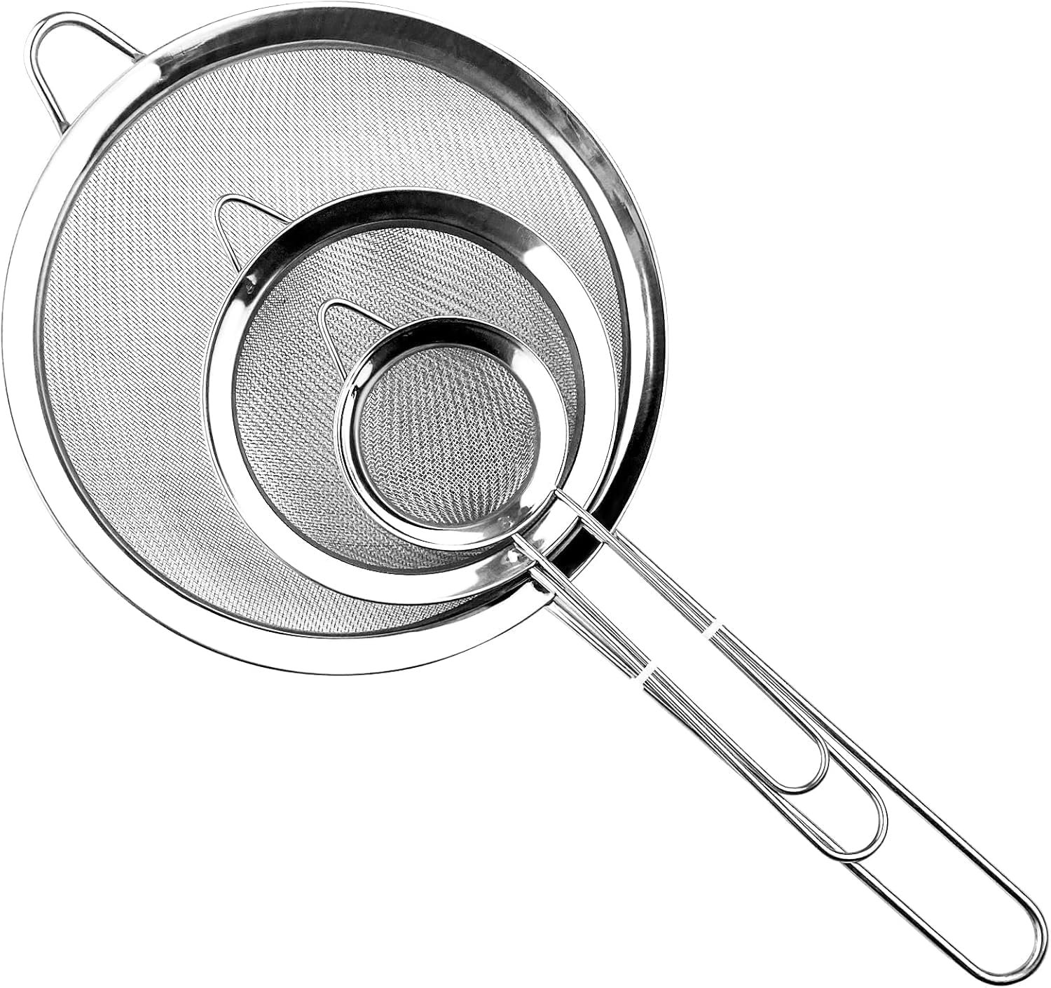 Relota Juego de 3 Colador de Cocina Acero Inoxidable 19/25/35 cm, Colador de Malla Fina con Manija, Tamiz de Harina para Alimentos y Vegetales, Separador de Salsa, Coladores de Pasta (Plateado)