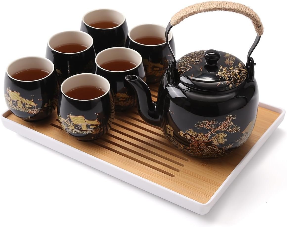 DUJUST Juego de Té Japonés, Juego de Té Chino de Porcelana Negra con 1 Tetera, 6 Tazas de Té, 1 Bandeja, 1 Infusor, Hermoso Juego de Té Asiático para Amantes del Té (Campo en Dorado)