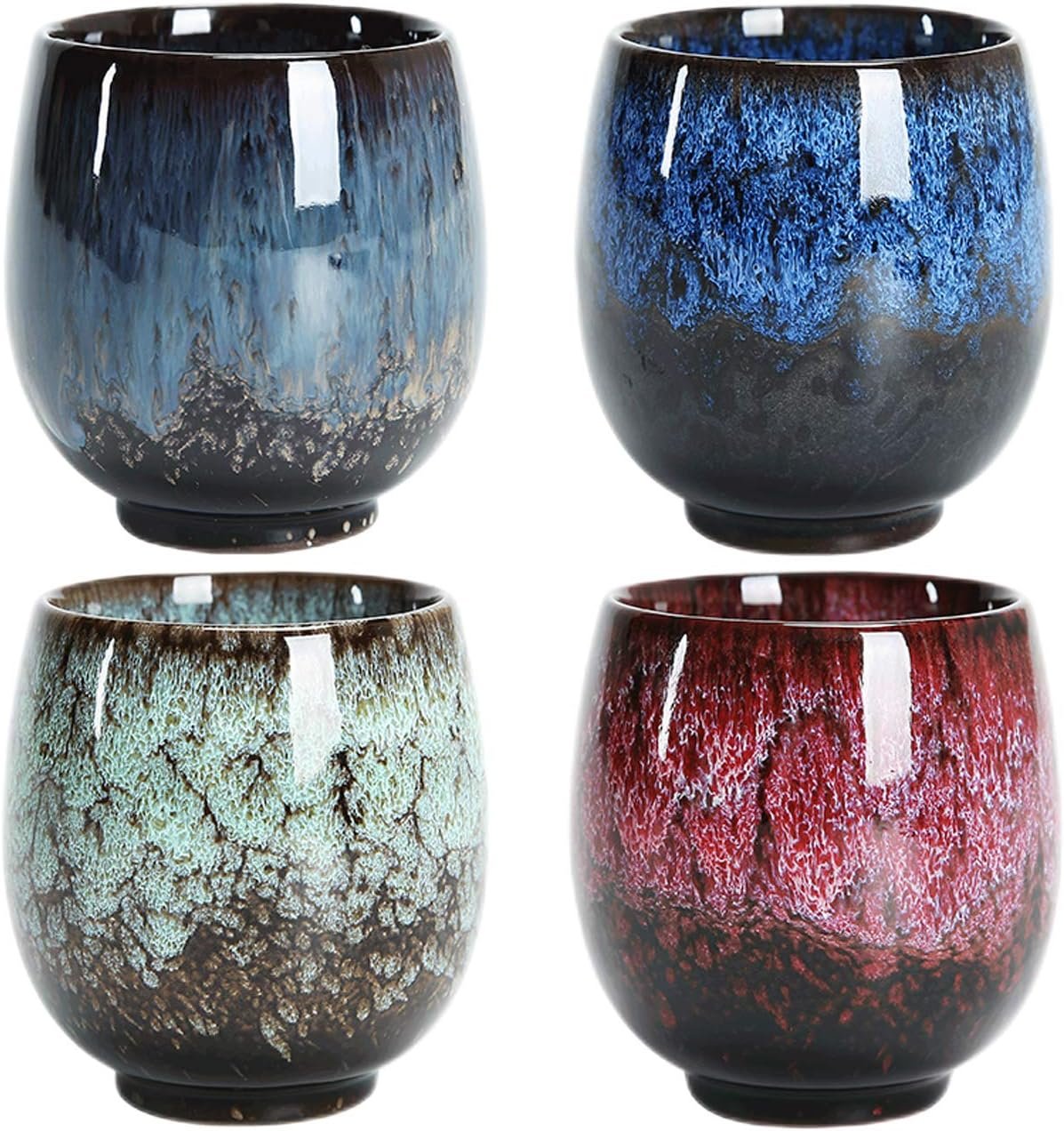 Juego de tazas de té de cerámica japonesa, juego de 4 tazas hechas a mano, multicolor esmaltado flameado, para el hogar, oficina, regalos