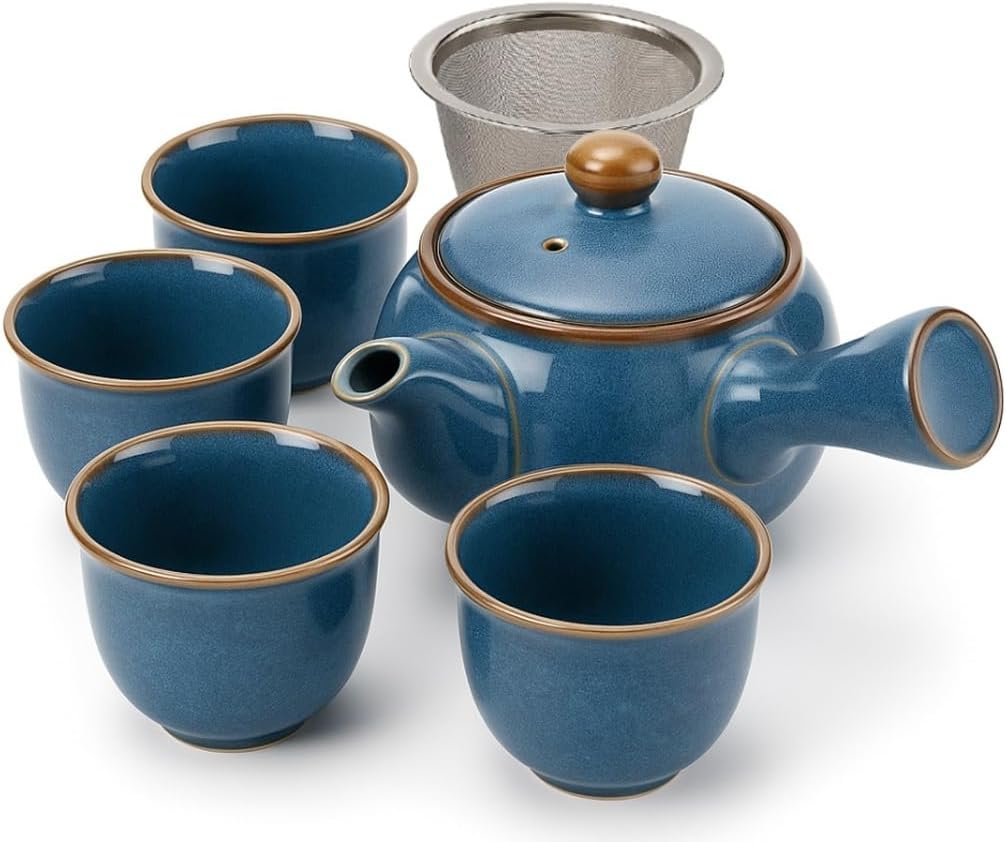 Goodwei Juego de té japonés Kyusu – Tetera lateral (320 ml) con colador de acero inoxidable y 4 tazas de té (110 ml) – Auténtico set de regalo con sencha orgánica de Japón (Umi)